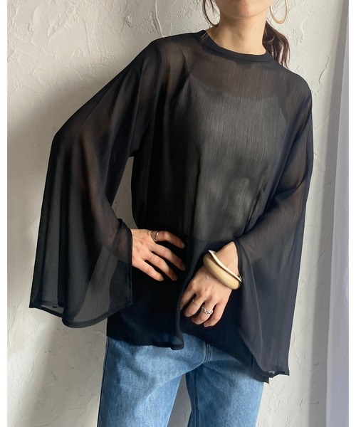 She's Closet（シーズクローゼット）の「スタンドカラーハイネック袖スリットフレアスリーブ長袖シフォンシアーブラウス（シャツ/ブラウス・レディース・ブラック/アイボリー/ラベンダー/ミント・FREE）」の7枚目の写真