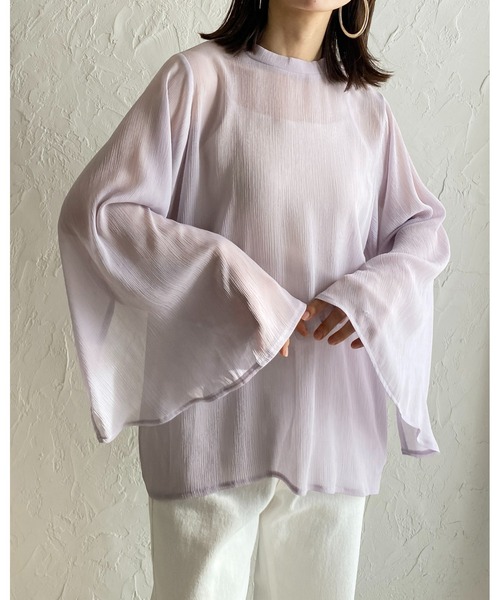 She's Closet（シーズクローゼット）の「スタンドカラーハイネック袖スリットフレアスリーブ長袖シフォンシアーブラウス（シャツ/ブラウス・レディース・ブラック/アイボリー/ラベンダー/ミント・FREE）」の10枚目の写真