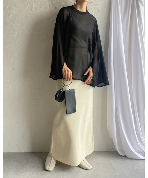 She's Closet（シーズクローゼット）の「スタンドカラーハイネック袖スリットフレアスリーブ長袖シフォンシアーブラウス（シャツ/ブラウス・レディース・ブラック/アイボリー/ラベンダー/ミント・FREE）」の12枚目の写真