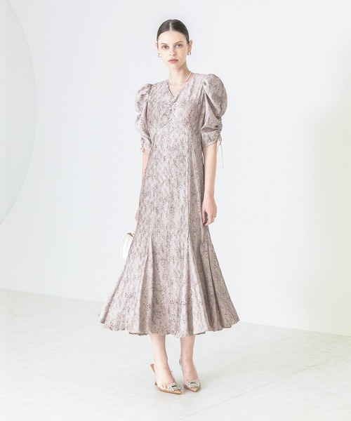 LEJA 花柄リボンパフスリーブマーメイドワンピースドレス ベージュ　M 当日発送】花柄リボンパフスリーブマーメイドワンピース結婚式ドレス