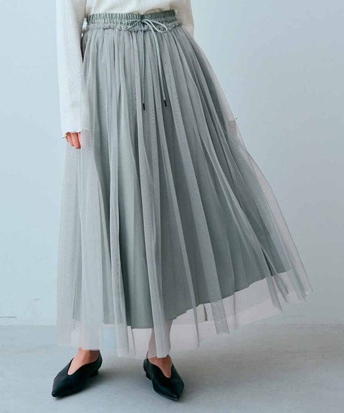 IEDIT（イディット）の「ＩＥＤＩＴ　プリーツデザインのチュールレイヤードスカート（スカート・レディース・ブラック/グレー系その他/グリーン系その他・LARGE/X-LARGE/XX-LARGE/MEDIUM）」の3枚目の写真