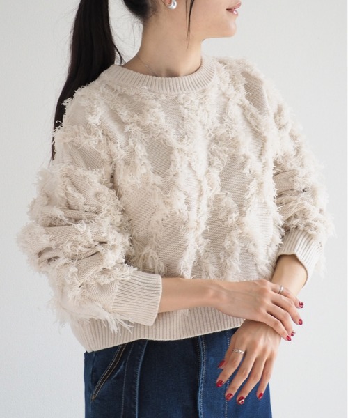 cepo（セポ）の「フリンジジャガードニット（ニット/セーター・レディース・オフホワイト/ブルー/イエロー/ブラック・M）」の2枚目の写真