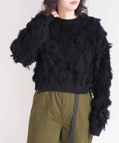 cepo（セポ）の「フリンジジャガードニット（ニット/セーター・レディース・オフホワイト/ブルー/イエロー/ブラック・M）」の3枚目の写真