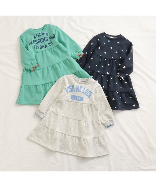 apres les cours(アプレレクール)の「【あったか】ロゴ・総柄ティアード裏シャギーワンピース(ワンピース・キッズ・ネイビー/ライトグレー/ミント・110/80/130/90/100/140/120)」の4枚目の写真
