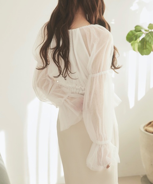 AD2019 20SS ギャザーフレアチュールTシャツ トップス 白 AD2019 20SS ギャザーフレアチュールTシャツ トップス 白 レディース