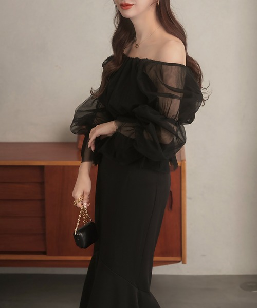 Meiru(メイル)の「ギャザーデザインチュールトップス(シャツ/ブラウス・レディース・ブラック/ホワイト/クリーム/ピンク/ブルーグレー・LARGE/MEDIUM/SMALL/X-LARGE)」の10枚目の写真