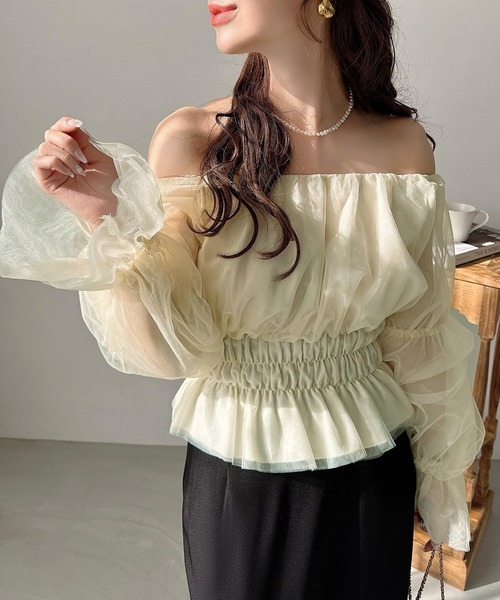 Meiru(メイル)の「ギャザーデザインチュールトップス(シャツ/ブラウス・レディース・ブラック/ホワイト/クリーム/ピンク/ブルーグレー・LARGE/MEDIUM/SMALL/X-LARGE)」の16枚目の写真