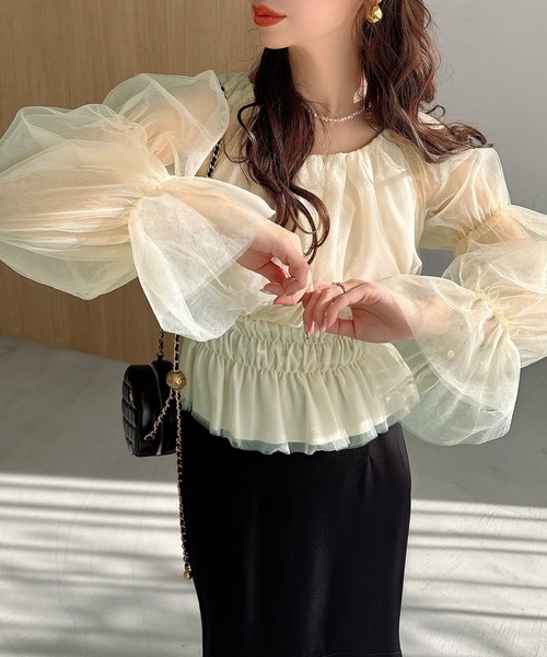 Meiru(メイル)の「ギャザーデザインチュールトップス(シャツ/ブラウス・レディース・ブラック/ホワイト/クリーム/ピンク/ブルーグレー・LARGE/MEDIUM/SMALL/X-LARGE)」の17枚目の写真