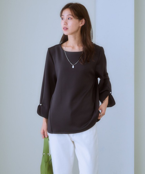 7days Life Styling（セブンデイズライフスタイリング）の「パール調ビジュー使い９分袖トップス(きれいめダンボール素材)（Tシャツ/カットソー・レディース・グレイッシュベージュ/ブラック・S/M/L/LL）」の14枚目の写真