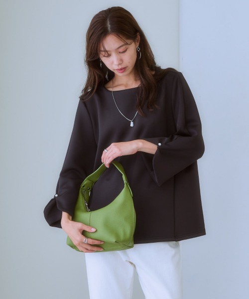 7days Life Styling（セブンデイズライフスタイリング）の「パール調ビジュー使い９分袖トップス(きれいめダンボール素材)（Tシャツ/カットソー・レディース・グレイッシュベージュ/ブラック・S/M/L/LL）」の13枚目の写真