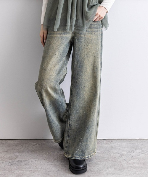 clear（クリア）の「【低身長サイズ有】ラインストーン付きヴィンテージワイドデニムパンツ [ヴィンテージライク キラキラ]≪再入荷≫（デニムパンツ・レディース・ライトブルー/ブラック/ブラック系その他2/ブルー・S/M/XS/PS）」の16枚目の写真
