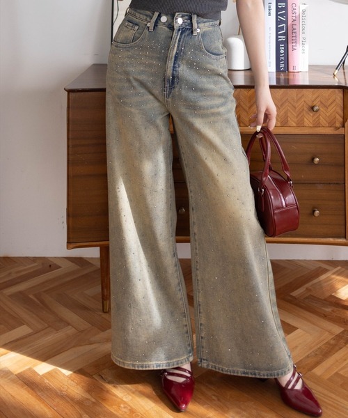 セール】【低身長サイズ有】ラインストーン付きヴィンテージワイド