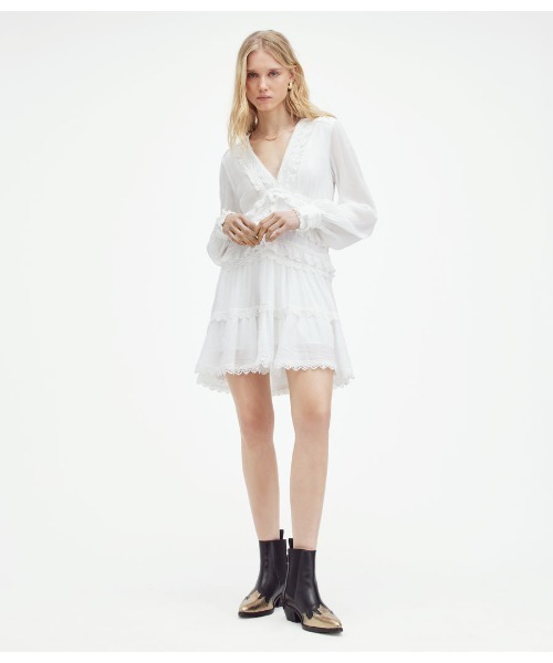 ALLSAINTS(オールセインツ)の「ZORA V-NECK RUFFLED MINI DRESS | ZORA Vネック フリル ミニ ドレス・ワンピース(ワンピース・レディース・ホワイト・6/8)」の2枚目の写真