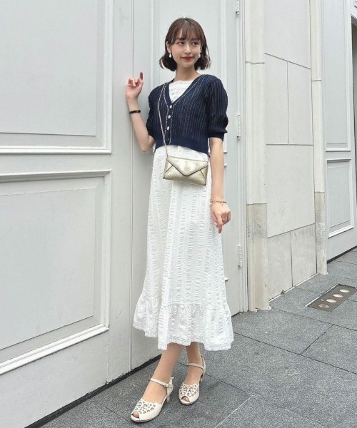 an another angelus（アンアナザーアンジェラス）の「配色ステッチ透かし編みニットカーディガン/ananotherangelus（カーディガン/ボレロ・レディース・アイボリー/ネイビー/ラベンダー・FREE）」の7枚目の写真