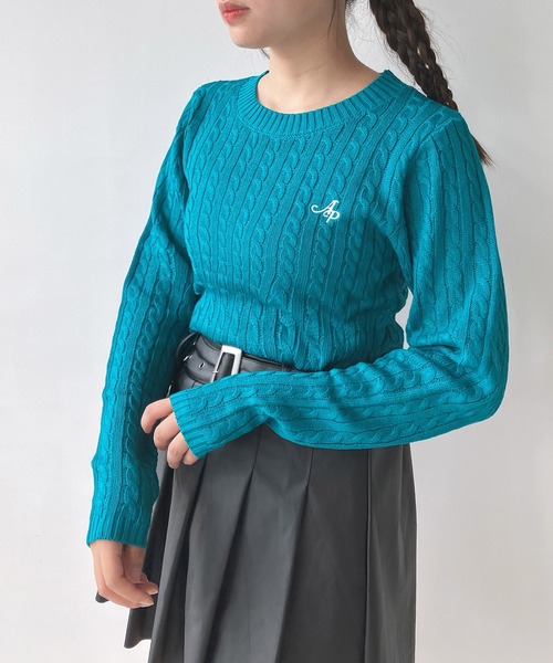 AS KNOW AS plus（アズノゥアズプラス）の「◇ワンポイントロゴ刺繍 ケーブルショート丈ニットプルオーバー（ニット/セーター・レディース・ネイビー/レッド/アイボリー/エメラルド・FREE）」の11枚目の写真