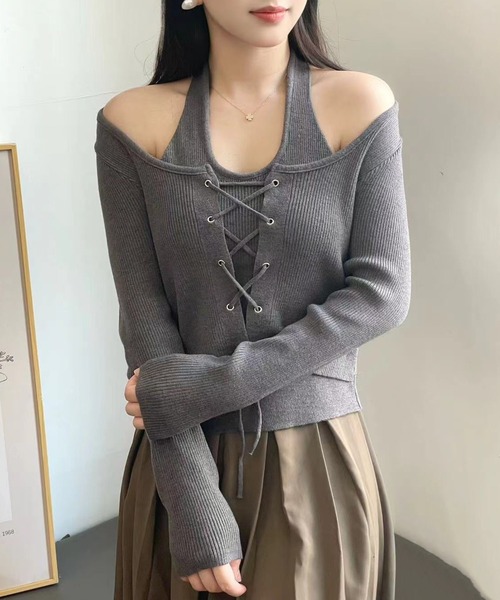 Sibra（シブラ）の「セット風トップス（ニット/セーター・レディース・ベージュ/ブラック/グレー・M）」の2枚目の写真
