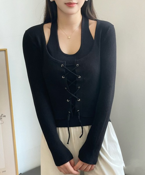 Sibra（シブラ）の「セット風トップス（ニット/セーター・レディース・ベージュ/ブラック/グレー・M）」の5枚目の写真