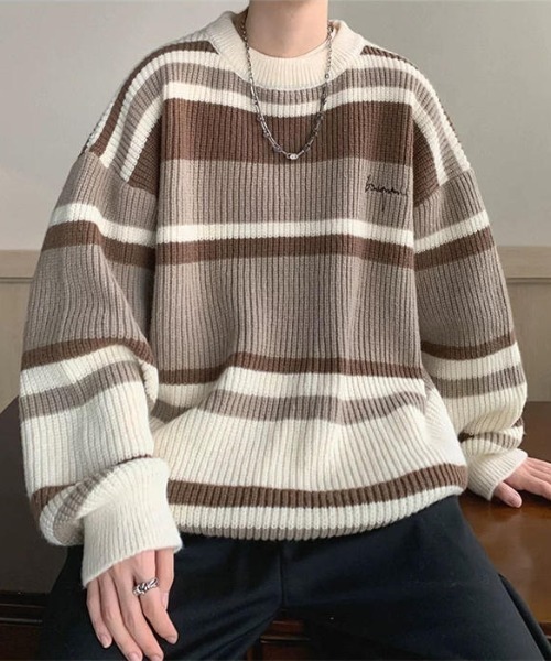 セール】【ユニセックス】 オーバーサイズ ストライプ柄ニットセーター