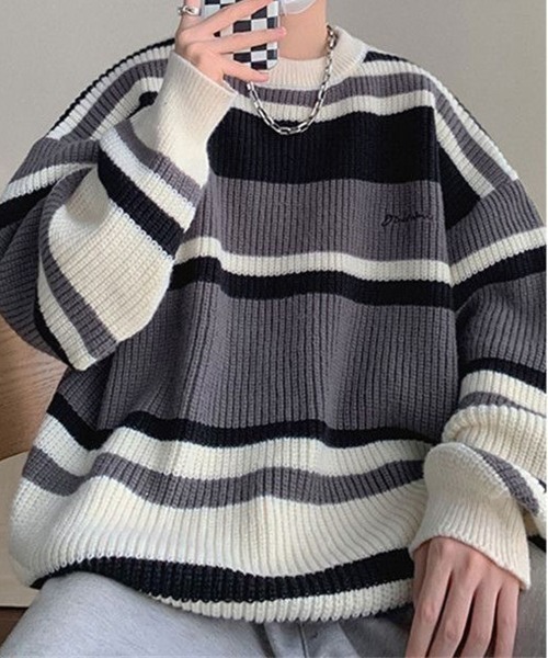 セール】【ユニセックス】 オーバーサイズ ストライプ柄ニットセーター