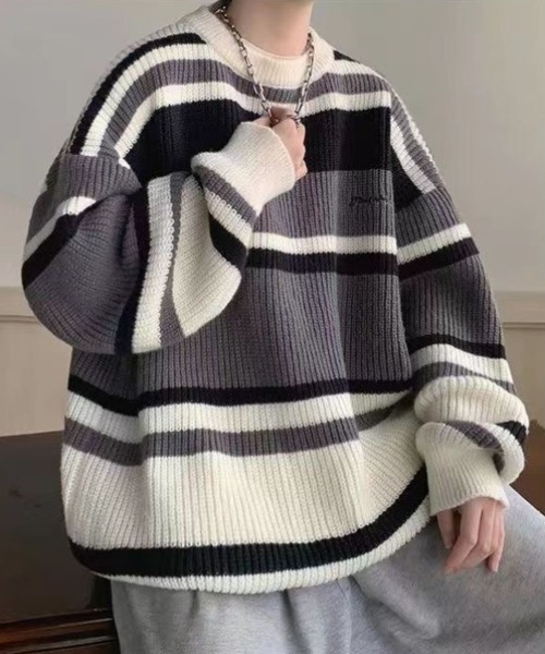 Stone  ストライプニットセーター セール】【ユニセックス】 オーバーサイズ ストライプ柄ニットセーター
