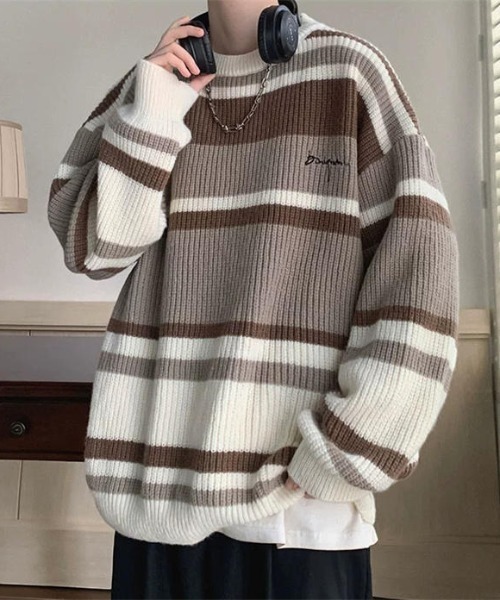 セール】【ユニセックス】 オーバーサイズ ストライプ柄ニットセーター