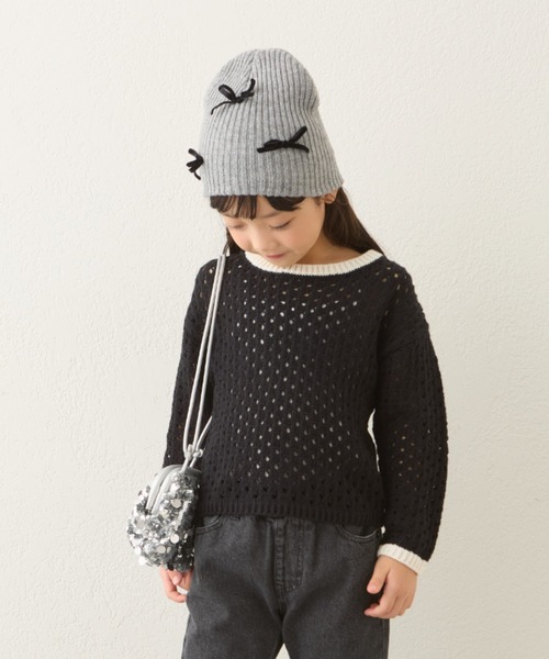 CIAOPANIC TYPY（チャオパニックティピー）の「【KIDS】リボンビーニー（ニットキャップ/ビーニー・キッズ・グレー/オフホワイト/ブラック・ONE SIZE）」の5枚目の写真