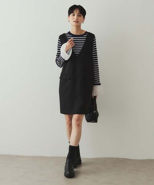 OPAQUE.CLIP(オペークドットクリップ)の「ウールライク Vネックミニジャンスカ【洗濯機洗い可】(ワンピース・レディース・ブラック/キャメル・36/38/40)」の3枚目の写真