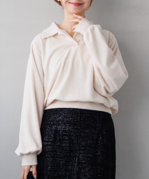 flower（フラワー）の「パウダリーポロトップ（Tシャツ/カットソー・レディース・アイボリー/グレー・FREE）」の2枚目の写真