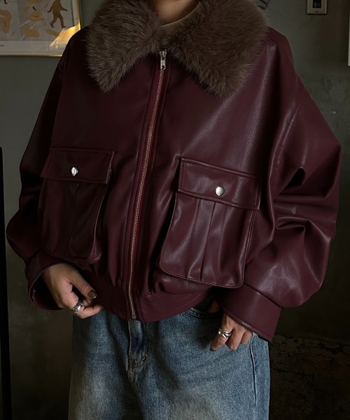 INTER FACTORY(インターファクトリー)の「rinka - 2wayフェイクレザーブルゾン made in INTERFACTORY(ブルゾン・レディース・ブラック/レッド・FREE)」の9枚目の写真