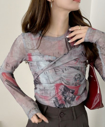 【Eclat one】ビスチェ風デザイン フロントシャーリング 総柄 ショアートップス