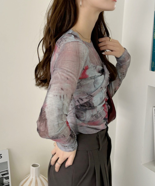 Eclat one(エクラワン)の「【Eclat one】ビスチェ風デザイン フロントシャーリング 総柄 ショアートップス(Tシャツ/カットソー・レディース・ミント/レッド/ブラウン・FREE)」の13枚目の写真