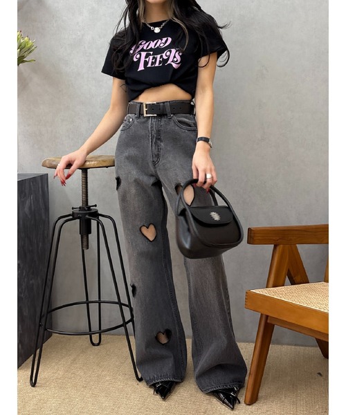 EVRIS エヴリス　フリンジデザインボリュームワイドデニムパンツ セール】ハートカッティングワイドデニムパンツ（デニムパンツ