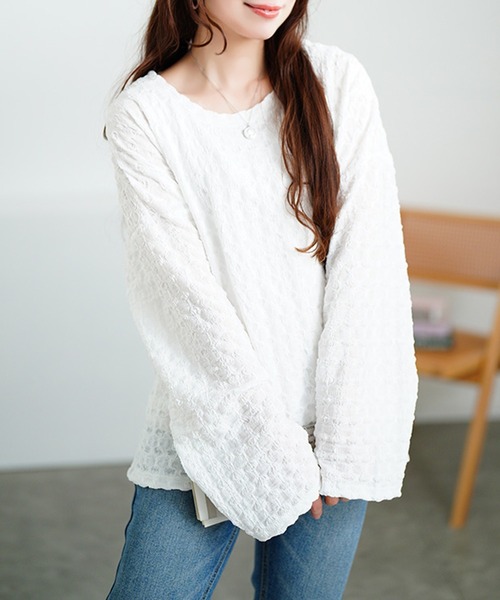 GOLDJAPAN(ゴールドジャパン)の「ラウンドネックポコポコプルオーバー【大きいサイズ対応】(Tシャツ/カットソー・レディース・ホワイト/ブラック・LL~3L/4L~5L)」の1枚目の写真