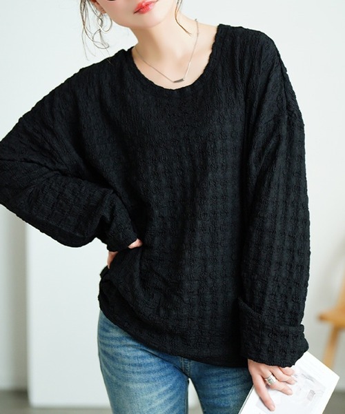 GOLDJAPAN(ゴールドジャパン)の「ラウンドネックポコポコプルオーバー【大きいサイズ対応】(Tシャツ/カットソー・レディース・ホワイト/ブラック・LL~3L/4L~5L)」の2枚目の写真
