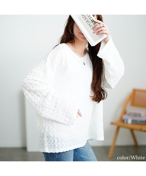 GOLDJAPAN(ゴールドジャパン)の「ラウンドネックポコポコプルオーバー【大きいサイズ対応】(Tシャツ/カットソー・レディース・ホワイト/ブラック・LL~3L/4L~5L)」の9枚目の写真