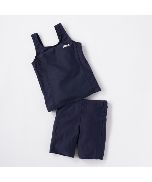 FILA(フィラ)の「FILA フィラ スクール水着 タンキニ UVカットワンポイントロゴ めくれ防止機能付き タンクトップ スパッツ セパレート水着 120~160cm(水着・キッズ・ネイビー×ホワイト/ネイビー系1/ブラック×パープル/ネイビー/ブラック×ブルー/ブラック・120cm/130cm/150cm/160cm/140cm)」の4枚目の写真