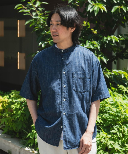 URBAN RESEARCH DOOR リネン混５分丈ブラウス セール】リネン混 デニムバンドショートスリーブシャツ（シャツ