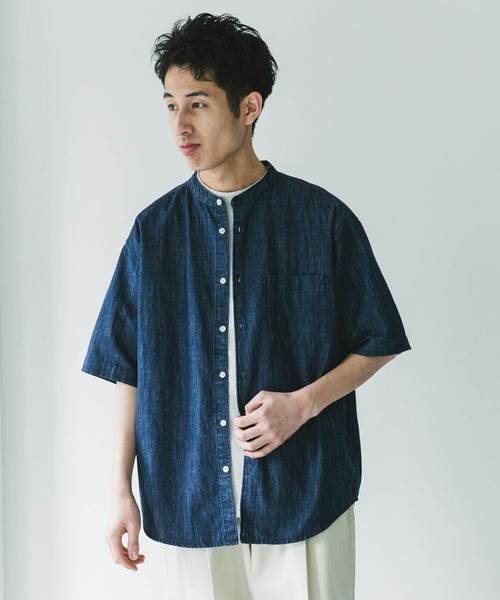 セール】リネン混 デニムバンドショートスリーブシャツ（シャツ