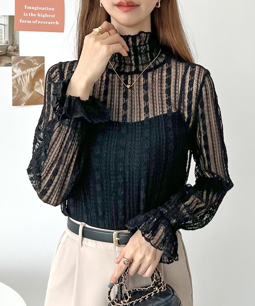 Futier land(フューティアランド)の「ストライプレースシアートップス(Tシャツ/カットソー・レディース・ブラック/アイボリー/ホワイト・FREE)」の2枚目の写真