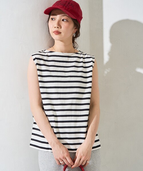 FREAK'S STORE(フリークスストア)の「限定展開 タックノースリーブボーダーTシャツ(Tシャツ/カットソー・レディース・オフホワイト/ブルー/ベージュ/イエロー/グリーン/その他13・フリ-)」の1枚目の写真