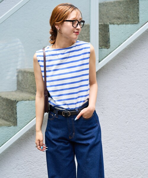 FREAK'S STORE(フリークスストア)の「限定展開 タックノースリーブボーダーTシャツ(Tシャツ/カットソー・レディース・オフホワイト/ブルー/ベージュ/イエロー/グリーン/その他13・フリ-)」の18枚目の写真