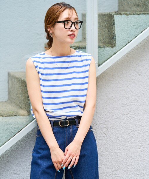 FREAK'S STORE(フリークスストア)の「限定展開 タックノースリーブボーダーTシャツ(Tシャツ/カットソー・レディース・オフホワイト/ブルー/ベージュ/イエロー/グリーン/その他13・フリ-)」の20枚目の写真
