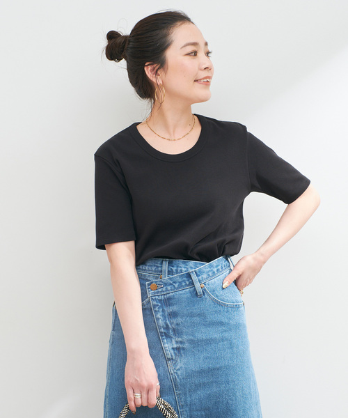 B.C STOCK（ベーセーストック）の「ウォッシャブル / 接触冷感 / C/PEフライスUネックTEE（Tシャツ/カットソー・レディース・キャメル/ブラック/ホワイト・FREE）」の19枚目の写真