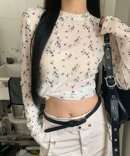 セール】小花柄ストレッチシアートップス（Tシャツ/カットソー