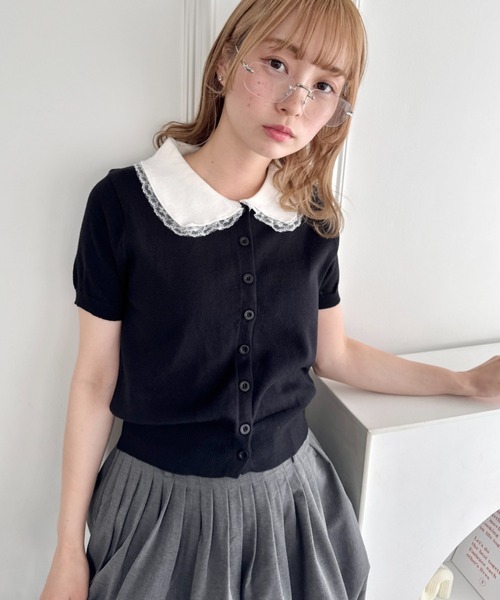 Loueme（ルエム）の「レーストリム丸襟カーディガン（カーディガン/ボレロ・レディース・ブラック/ホワイト/グレー・FREE）」の12枚目の写真
