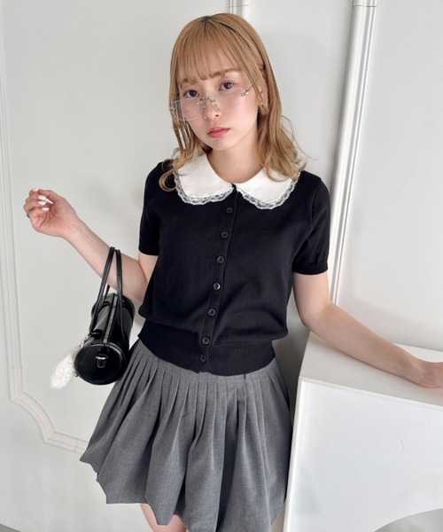 Loueme（ルエム）の「レーストリム丸襟カーディガン（カーディガン/ボレロ・レディース・ブラック/ホワイト/グレー・FREE）」の14枚目の写真