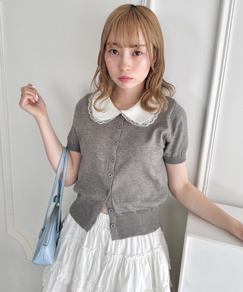 Loueme（ルエム）の「レーストリム丸襟カーディガン（カーディガン/ボレロ・レディース・ブラック/ホワイト/グレー・FREE）」の7枚目の写真