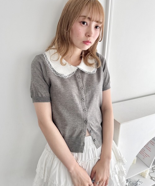Loueme（ルエム）の「レーストリム丸襟カーディガン（カーディガン/ボレロ・レディース・ブラック/ホワイト/グレー・FREE）」の6枚目の写真