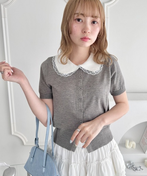 Loueme（ルエム）の「レーストリム丸襟カーディガン（カーディガン/ボレロ・レディース・ブラック/ホワイト/グレー・FREE）」の5枚目の写真