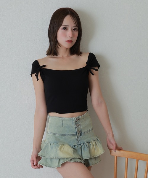 M DOLLY(エムドリー)の「twin ribbon short tops/ツインリボンショートトップス(Tシャツ/カットソー・レディース・グレー/ブラック/ピンク/ホワイト・S/M)」の1枚目の写真
